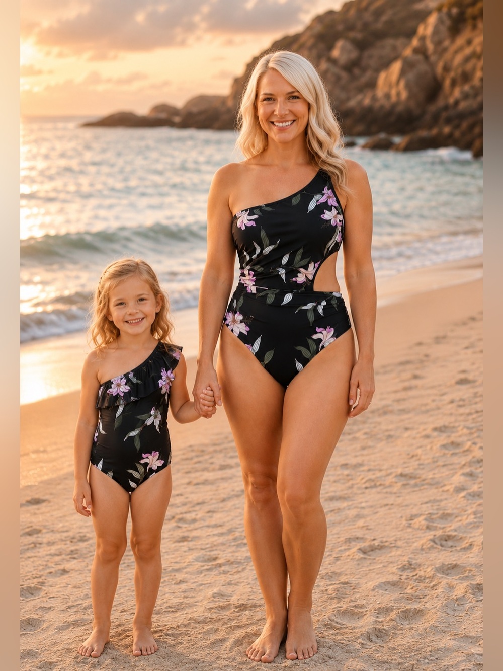 Jones New York Black Floral One Shoulder Monokini Swimsuit Large NWT